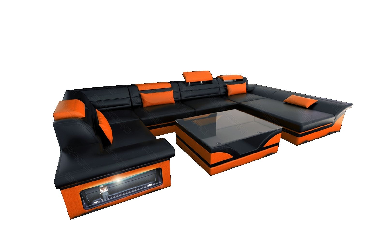 Sofa Enzo U-Form in Leder schwarz-orange