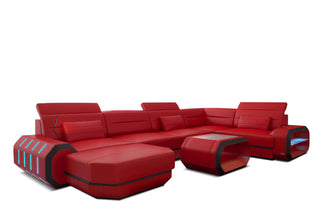 Mini XL Wohnlandschaft Roma U-Form mit LED-Beleuchtung in Kunstleder und der Farbe Rot und Schwarz - Ausrichtung links