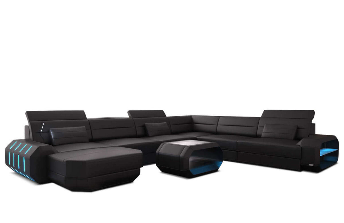 Mini XL Wohnlandschaft Roma U-Form aus Leder Schwarz