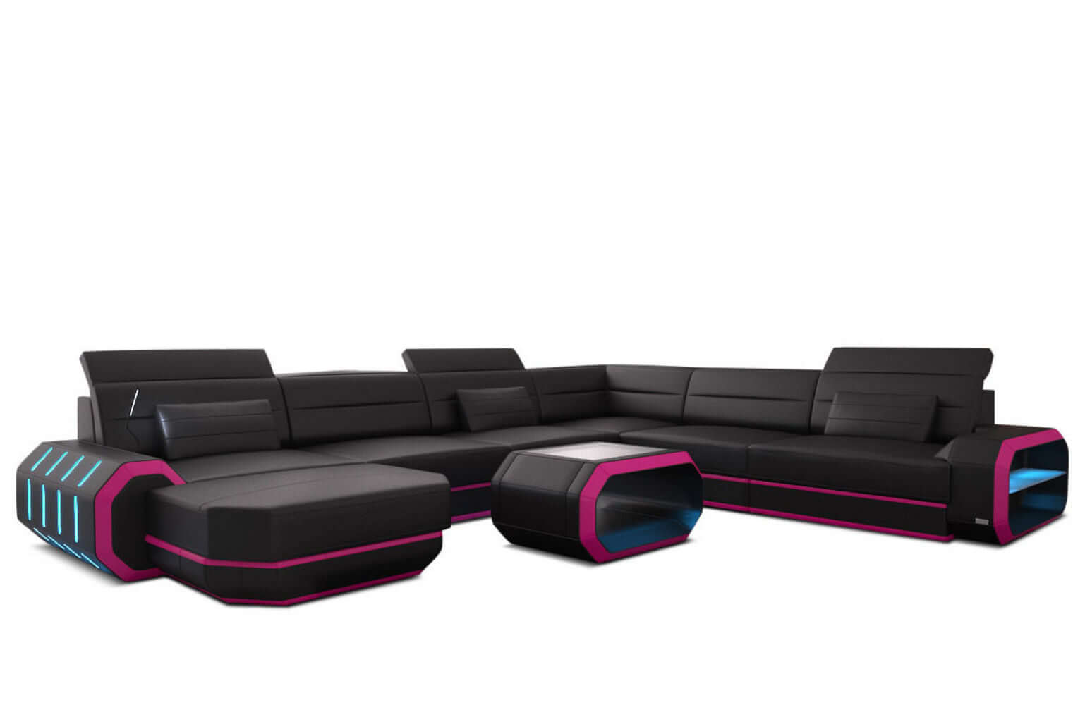 Mini XL Wohnlandschaft Roma U-Form aus Leder schwarz-pink