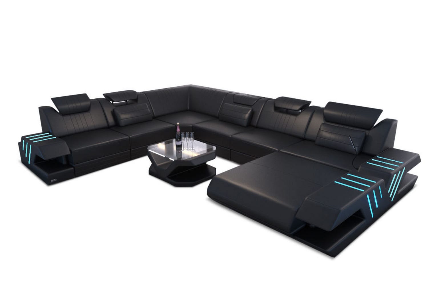 Mega Wohnlandschaft Venedig XXL – Leder Sofa schwarz