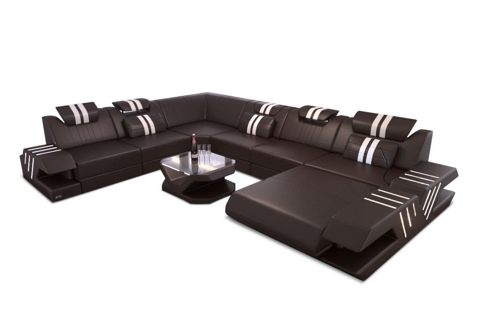 Mega Wohnlandschaft Venedig XXL – Leder Sofa dunkelbraun-weiß