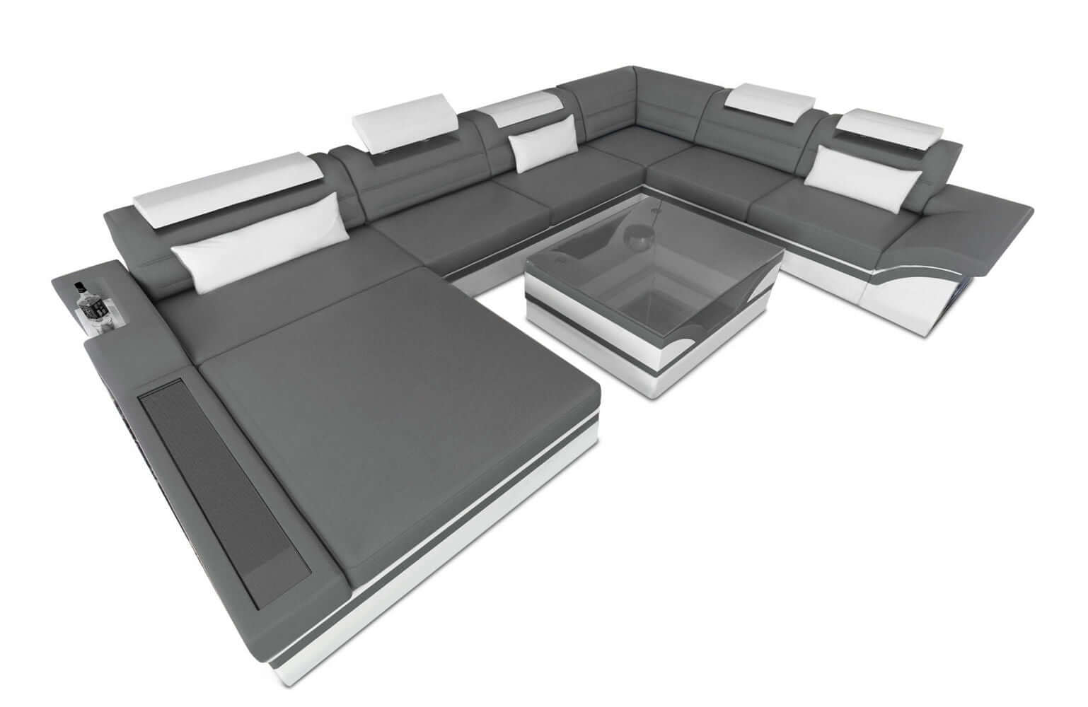 Mini XXL Wohnlandschaft Mezzo U-Form aus Leder Grau-Weiß