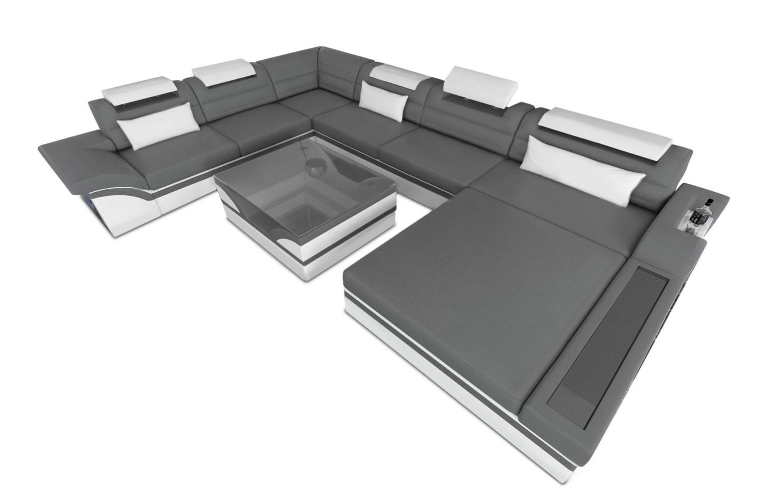 Designer Wohnlandschaft Mezzo XXL mit LED grau-weiß