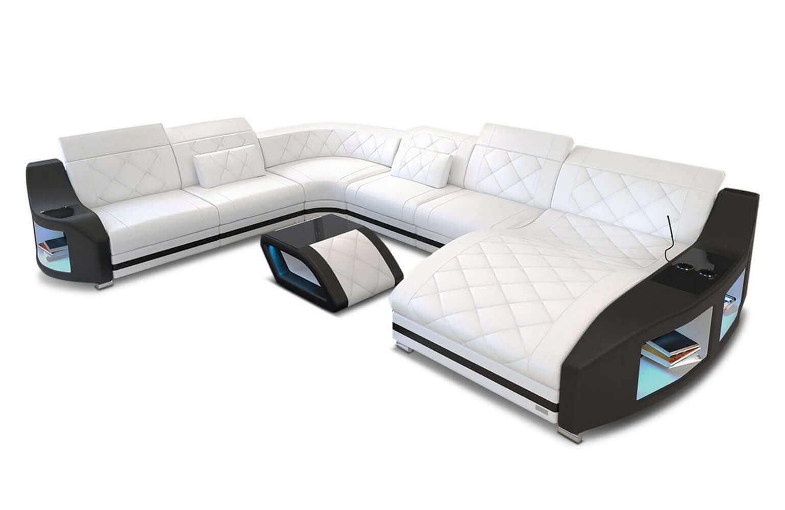 Mini Wohnlandschaft Swing XXL U-Form in Leder Weiß-Schwarz