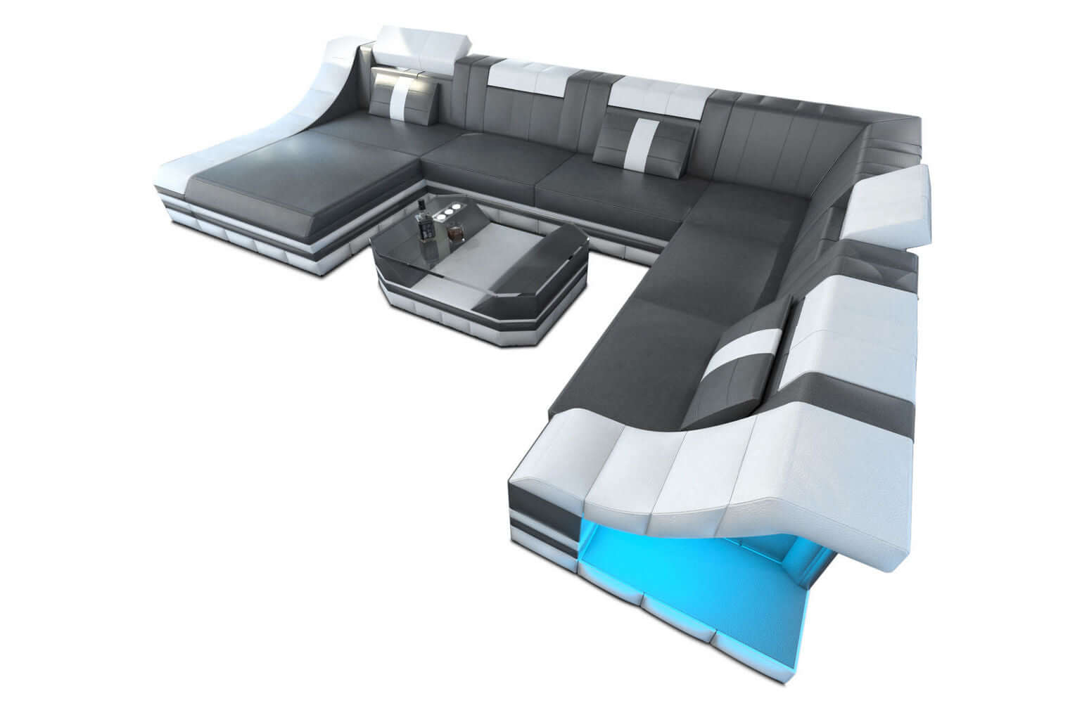 Mini XL Wohnlandschaft Turino U-Form aus Leder Grau-Weiß