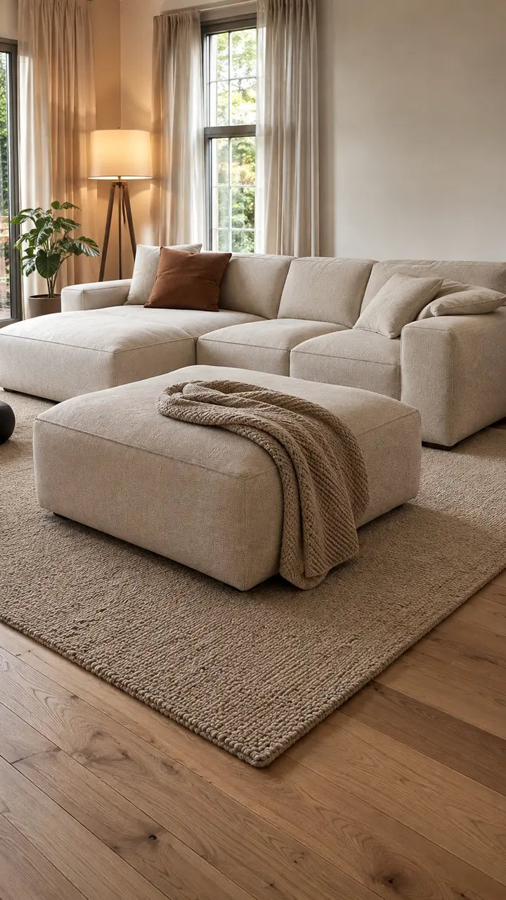 Frontale Aufnahme einer Wohnlandschaft mit Hocker