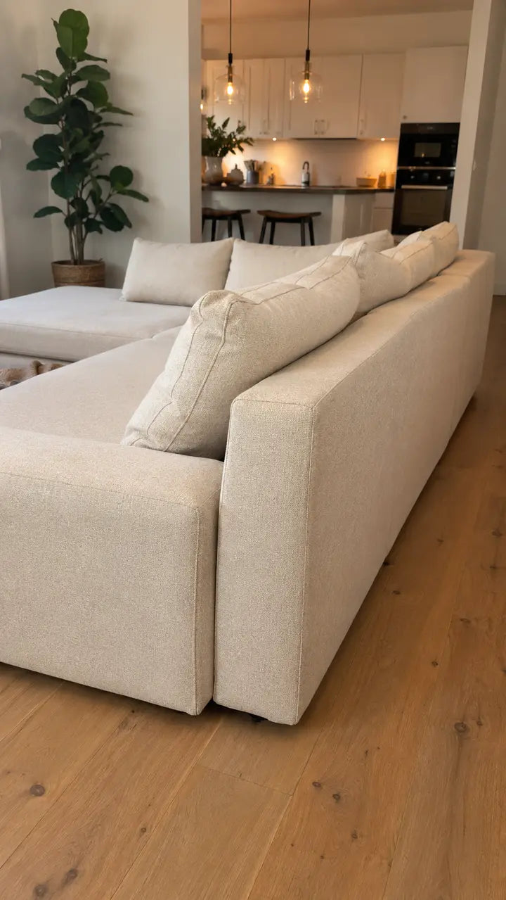 Seitliche Kamerafahrt an einem hellen Sofa