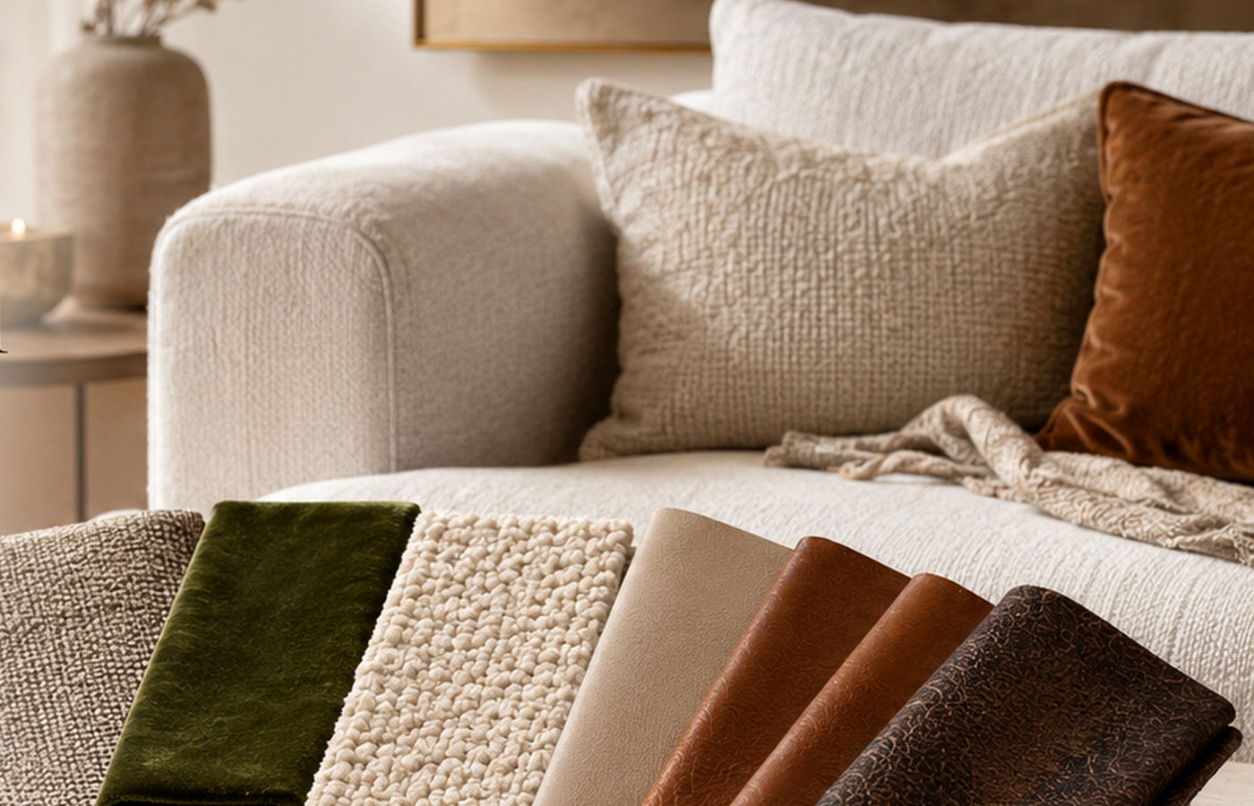 Sofa mit Stoff-, Samt- und Leder-Materialmustern